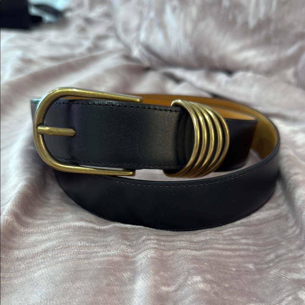 Women’s Black Leather Belt with Gold Buckle